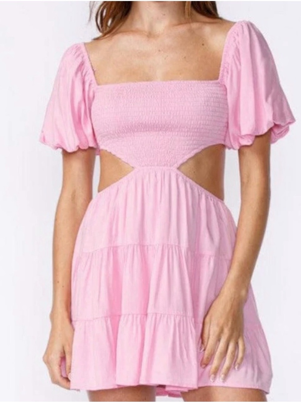 Pink Smocked Puff-Sleeve Cutout Tiered Mini Dress